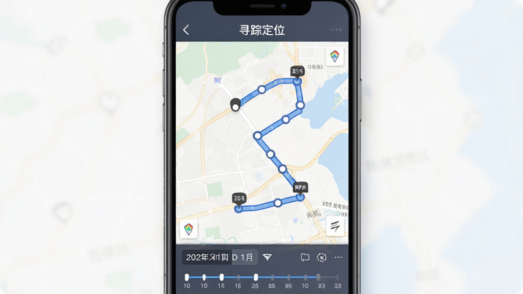 寻踪定位历史轨迹回放界面,手机屏幕展示地图上一条蓝色线条标记的移动路径,路径上有若干圆点标注停留位置,底部有日期选择栏和时间轴,顶部显示