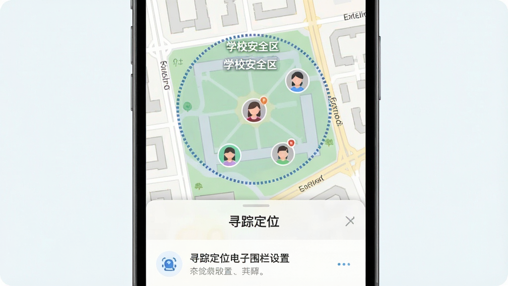 寻踪定位电子围栏设置界面,手机屏幕显示地图上一个圆形虚线区域标注为