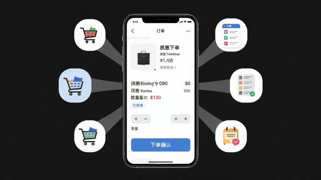 质惠下单系统快速下单功能展示,画面中央是一部手机,屏幕上显示商品详情页与下单确认按钮,周围环绕着购物车、订单列表等小图标,布局采用中心辐射式,风格扁平化,细节包括价格数字、数量加减按钮,画质清晰,干净,无多余元素