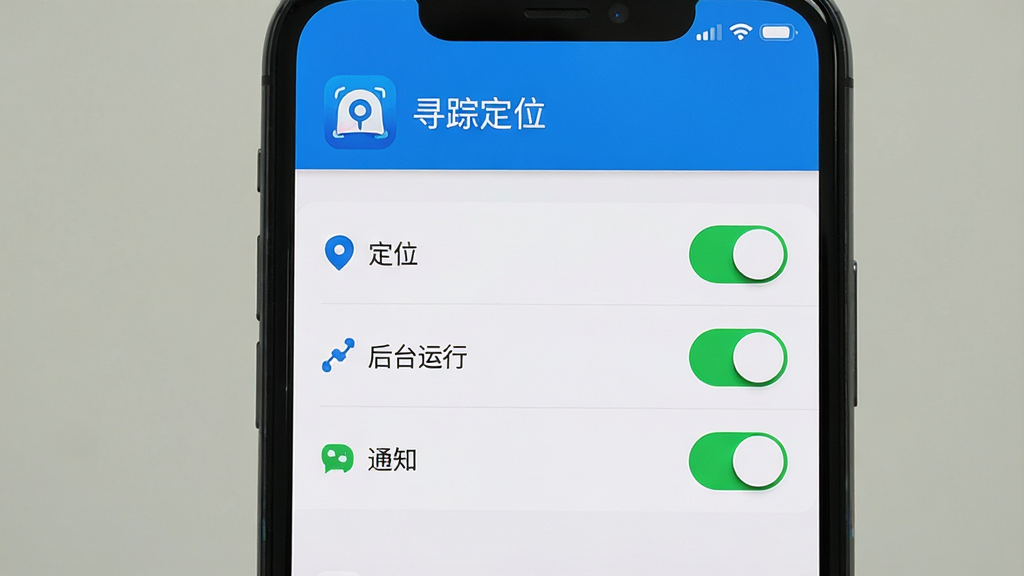 寻踪定位手机设置权限界面,屏幕显示应用权限管理页面,列出了定位、后台运行、通知三个权限项,每个权限旁边有开关按钮,顶部显示