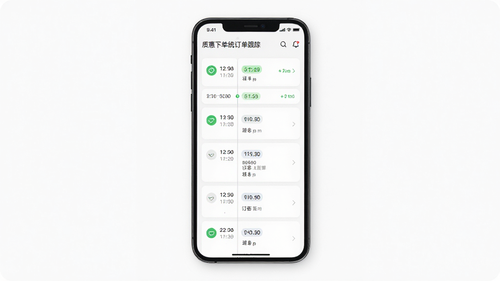 质惠下单系统订单跟踪界面,画面中央是一部手机,屏幕上显示订单状态时间轴与进度标签,背景为白色,布局采用纵向列表,风格简约商务,细节包括状态图标、时间戳和订单编号,画质清晰,干净,无多余元素