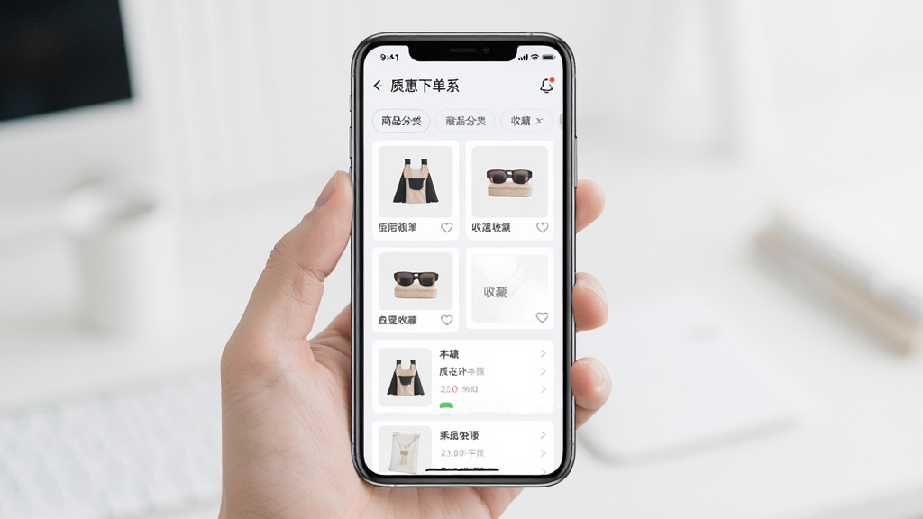 质惠下单系统商品管理界面,画面中央是一部手机,屏幕上显示商品分类标签与收藏列表,布局采用网格与列表结合,风格清新浅色,细节包括商品图片、名称和收藏图标,画质清晰,干净,无多余元素