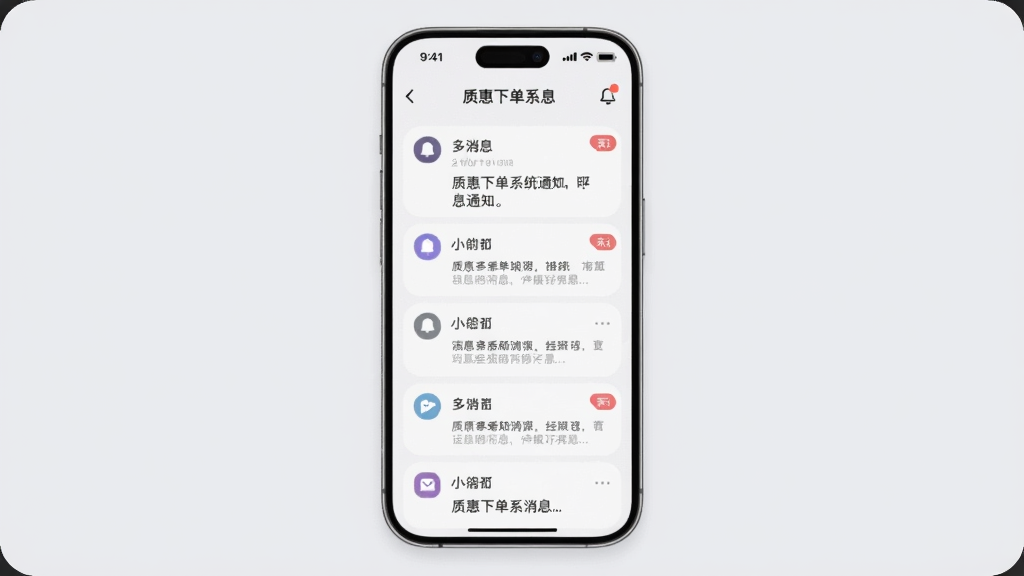 质惠下单系统消息通知界面,画面中央是一部手机,屏幕上显示消息列表与未读标记,背景为浅灰色,布局采用纵向排列,风格柔和圆角,细节包括通知图标、时间显示和消息摘要,画质清晰,干净,无多余元素