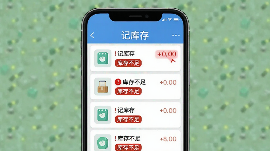 手机屏幕显示“记库存”的库存预警列表,多条商品旁边有红色感叹号和“库存不足”标签;布局为竖向列表;排版整齐,顶部有标题栏;风格为扁平化UI设计展示图;细节上红色高亮突出,图标清晰;画质高清,干净,无多余元素。