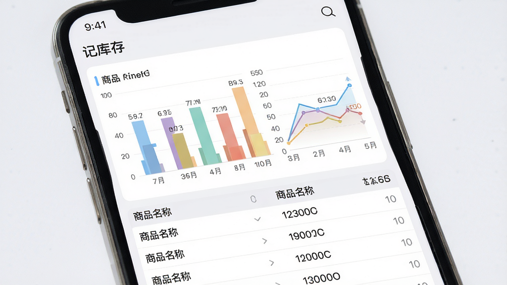 手机屏幕上展示“记库存”的数据统计页面,包含柱状图和折线图,图表下方有商品名称和数量列表;布局为上下结构,图表在上,列表在下;排版清晰,色彩柔和;风格为现代数据可视化界面;细节上图表颜色区分明显,数据标签完整;画质高清,干净,无多余元素。