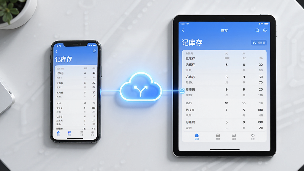 一部手机和一台平板电脑并排放在桌面上,两个屏幕都显示“记库存”应用界面且数据相同,中间有云朵图标连接;布局为左右对称;排版居中;风格为科技感产品展示图;细节上屏幕内容清晰,云朵有发光效果;画质高清,干净,无多余元素。