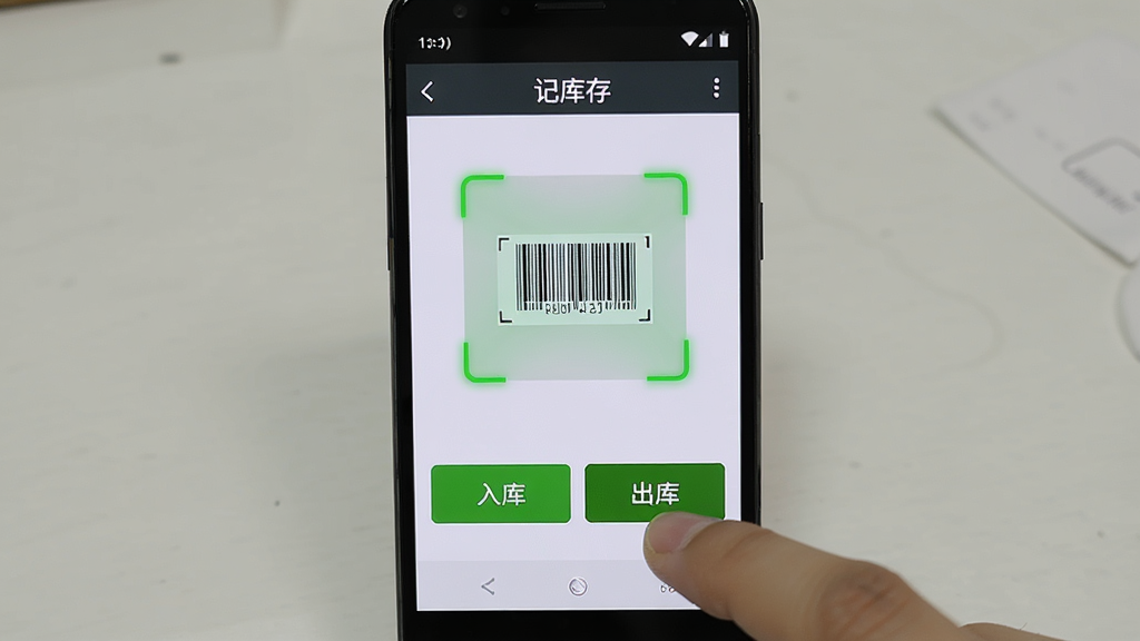 一部安卓手机显示“记库存”的扫码入库界面,画面中有绿色扫描框对准条形码,下方有“入库”和“出库”两个大按钮;布局为竖屏手机特写;排版简洁;风格为教程演示图;细节上手指正点击按钮,屏幕亮度适中;画质高清,干净,无多余元素。