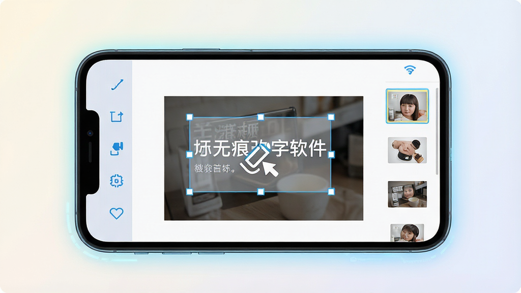 一张手机屏幕展示无痕改字软件主界面,界面中央放置一张带有文字的商品图片,文字区域被选中并显示擦除工具图标,背景为简洁的浅色渐变,手机周围有轻微的科技感光晕,风格为扁平化UI设计,细节清晰显示工具栏按钮和图片缩略图,画质高清,干净,无多余元素