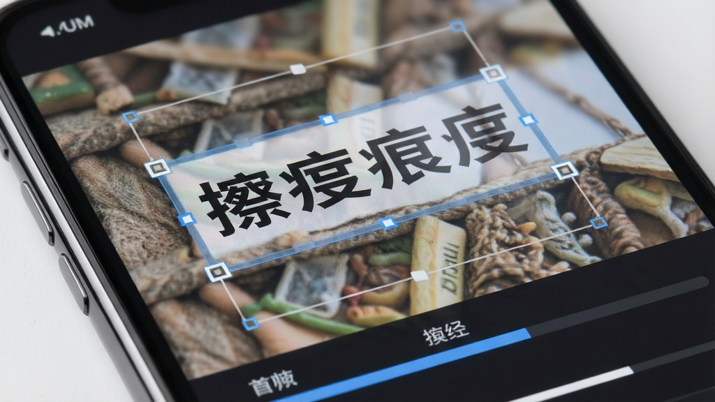无痕改字软件界面特写,展示智能擦除功能,手机屏幕上有一张带文字的图片,文字被框选后正在消失,背景自动填充为与周围一致的纹理,界面下方有操作进度条,风格为写实科技风,细节展示擦除前后的对比效果,画质高清,干净,无多余元素