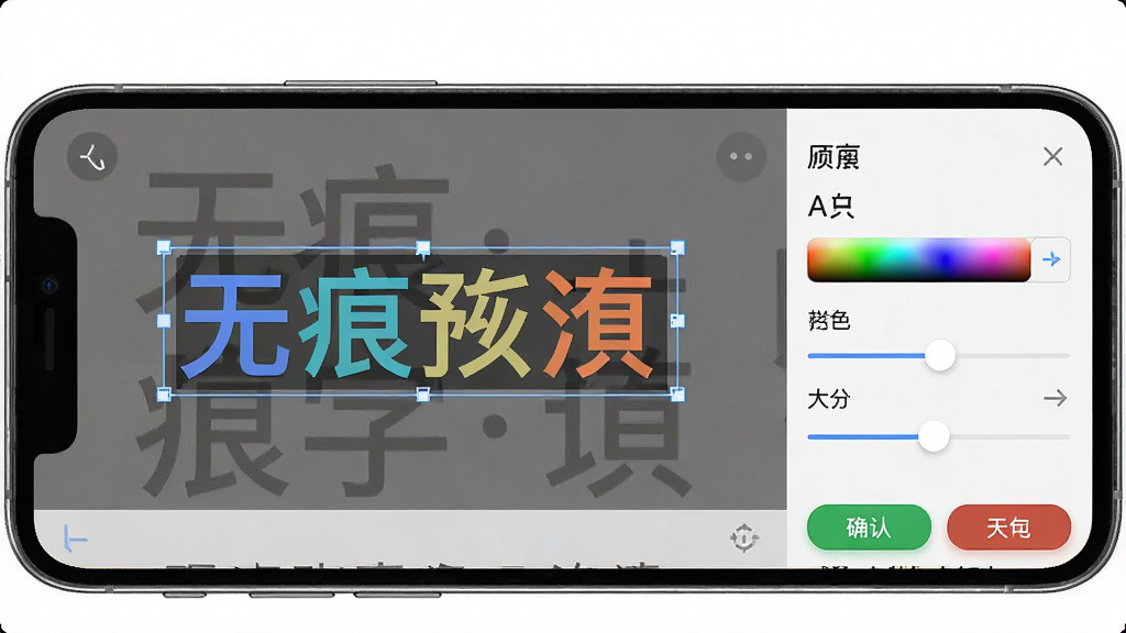 无痕改字软件文字编辑界面,手机屏幕显示图片上已添加新文字,文字颜色与背景协调,界面右侧有字体、颜色、大小调节滑块,底部有确认和取消按钮,风格为简洁工具类APP界面,细节展示文字图层选中状态,画质高清,干净,无多余元素