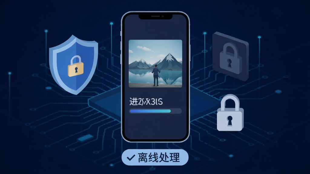 无痕改字软件隐私保护概念图,手机屏幕显示图片处理进度,周围有盾牌和锁的图标元素,背景为深蓝色科技感网格,手机下方有离线处理标签,风格为扁平化信息安全主题,细节展示本地处理标识,画质高清,干净,无多余元素