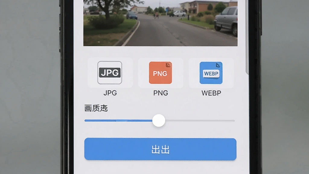 无痕改字软件导出设置界面,手机屏幕显示图片预览和格式选择选项,包括JPG、PNG、WEBP图标,下方有画质调节滑块和导出按钮,背景为浅灰色,风格为简约实用工具界面,细节展示高清导出选项,画质高清,干净,无多余元素