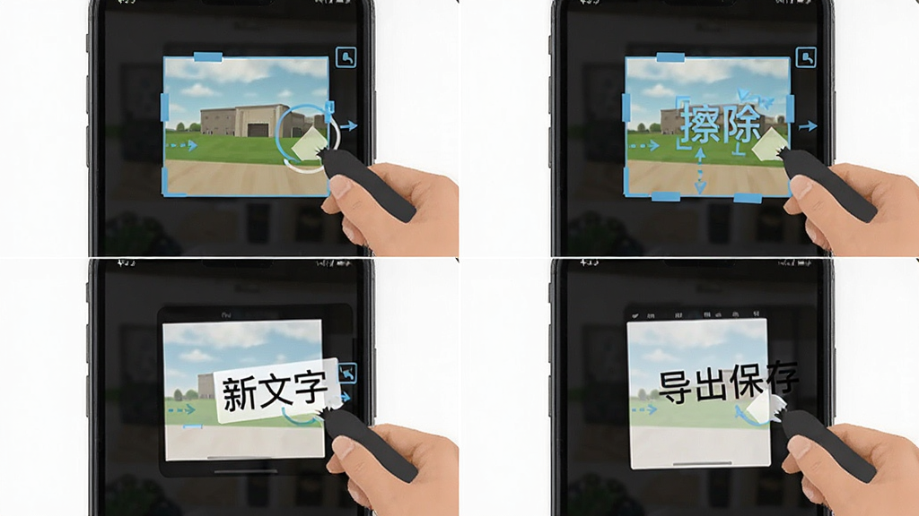 无痕改字软件操作步骤示意图,手机屏幕分四格展示导入图片、框选擦除、输入新文字、导出保存的完整流程,每格有简洁的图标和文字说明,风格为扁平化教程图示,细节清晰展示每一步的操作位置,画质高清,干净,无多余元素