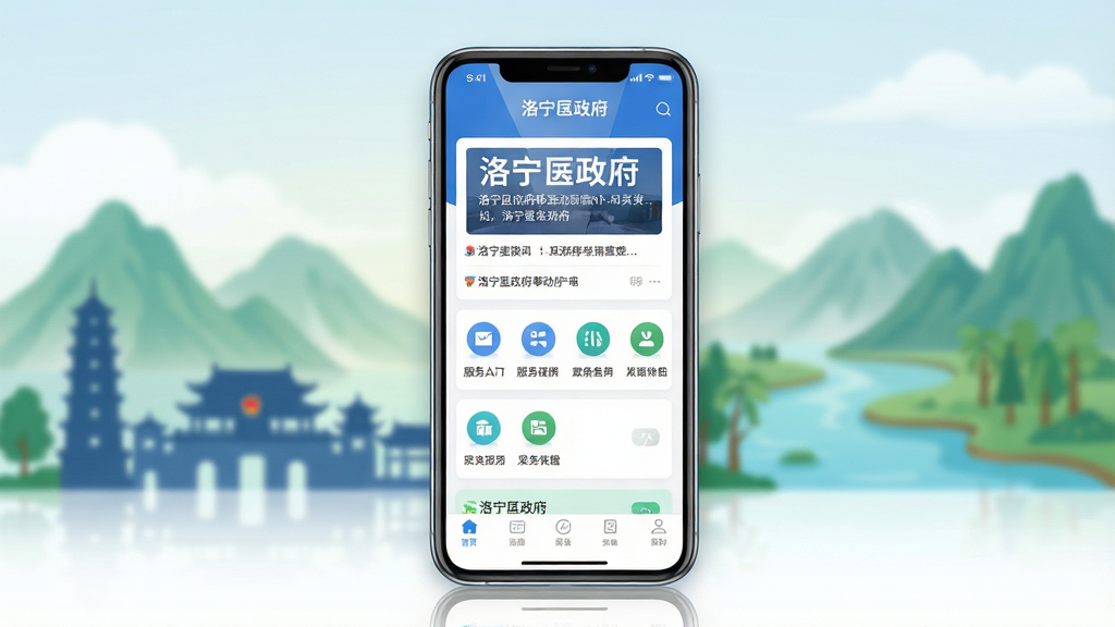 一幅展现洛宁县政府移动客户端界面的整体风貌图,画面中央是一部竖屏智能手机,屏幕内显示“洛宁县政府”应用首页,包含新闻资讯卡片、服务入口图标和底部导航栏;手机周围环绕着洛宁当地标志性建筑剪影与青山绿水的淡雅背景;布局采用居中构图,手机略微倾斜,屏幕内容清晰可见;排版上文字信息与图标分区明确,视觉引导自然;风格为现代扁平化政务风,色调以蓝色和白色为主,点缀少量绿色;细节上手机边框圆润,屏幕反光柔和,背景虚化处理;画质高清,画面干净,无多余元素。