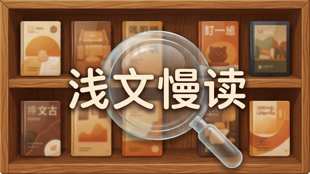 一个虚拟的木质书架场景,书架上整齐排列着多本带有封面的电子书,每本书的封面风格各异但整体色调统一为暖色系。书架前方悬浮着一个半透明的搜索放大镜图标,象征智能管理功能。画面中央用圆润的无衬线字体标注