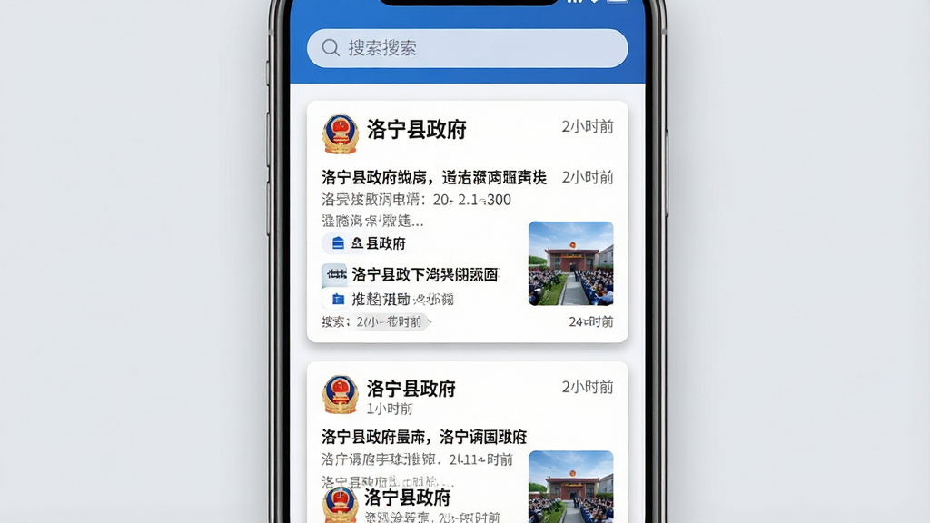 一张以“洛宁县政府”资讯推送功能为主题的AI生图,画面主体为手机屏幕特写,屏幕内展示多条带有“洛宁县政府”标识的新闻卡片,卡片上有标题、时间标签和缩略图;布局采用上下滚动式列表,顶部有搜索栏;排版整齐,信息层级分明;风格为简洁明快的资讯类UI风格,主色调为蓝白搭配;细节上卡片带有轻微阴影,文字清晰锐利,背景为淡灰色;画质高清,画面干净,无多余元素。