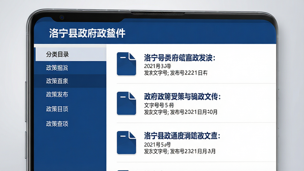 一张体现“洛宁县政府”政策文件查询功能的AI生图,画面主体为手机屏幕,屏幕内显示政策文件列表,每份文件带有标题、发文字号和发布日期;布局采用左右分栏,左侧为分类目录,右侧为文件条目;排版清晰,字体规整;风格为严肃简洁的政务文档风,色调以深蓝和白色为主;细节上文件图标带有折角设计,背景为浅灰渐变;画质高清,画面干净,无多余元素。