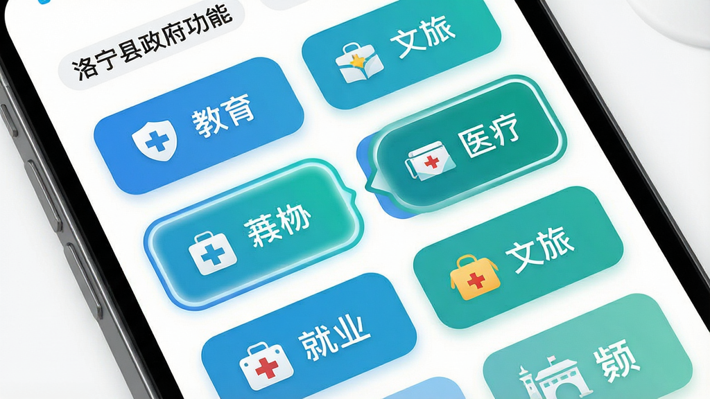一张展示“洛宁县政府”个性化订阅功能的AI生图,画面主体为手机屏幕,屏幕内显示多个可订阅的频道标签,如教育、医疗、就业、文旅等,部分标签呈选中状态;布局采用网格状排列,每个标签带有图标和文字;排版活泼,色彩区分明显;风格为清新友好的卡片式设计,主色调为蓝绿搭配;细节上标签带有圆角矩形背景,选中状态有高亮边框,背景为白色;画质高清,画面干净,无多余元素。