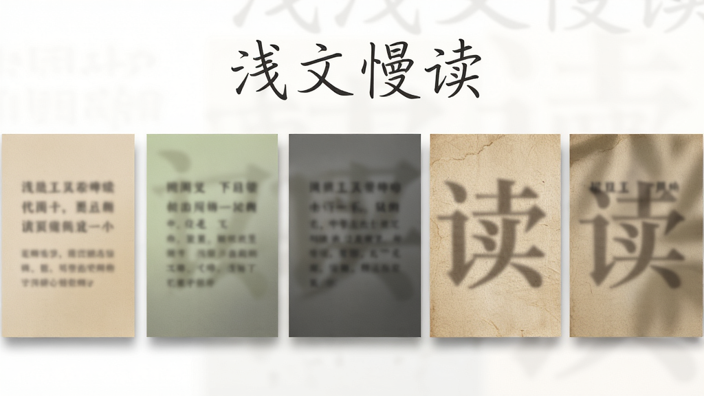 一个横向排列的色卡展示图,色卡上分别呈现米黄色、浅绿色、深灰色、羊皮纸纹理等不同阅读背景色块,每个色块上都有几行模糊的中文字体示意。色卡上方用优雅的手写体书写
