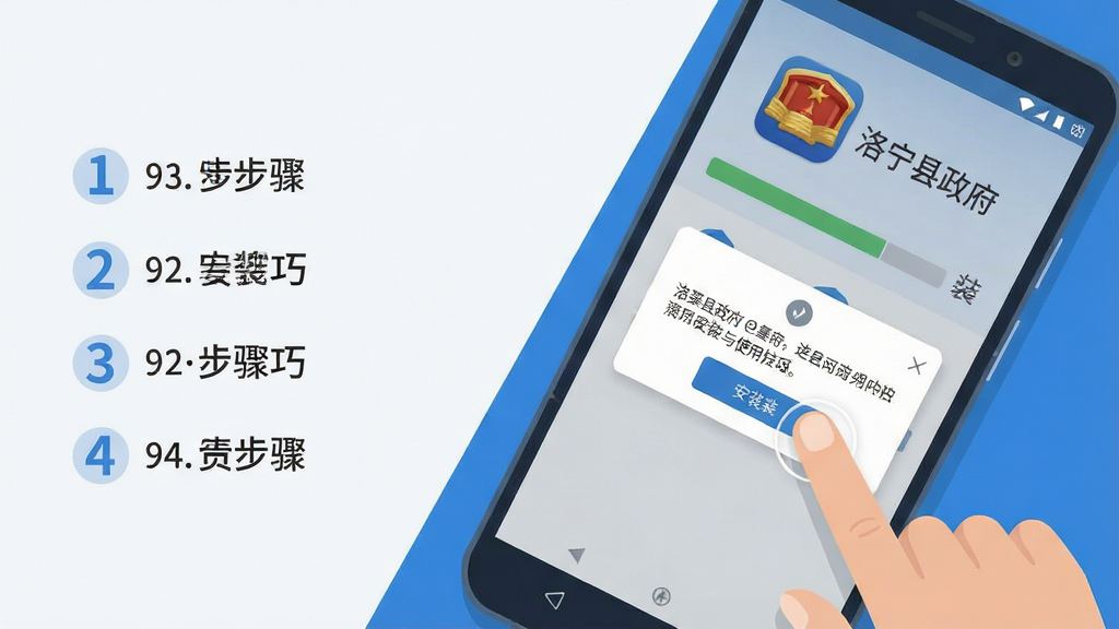 一张关于“洛宁县政府”应用安装与使用技巧的AI生图,画面主体为一部安卓手机和一只手指正在点击屏幕上的安装按钮,屏幕内显示安装进度条和权限提示弹窗;布局采用斜角构图,手机占据画面中心偏右位置,左侧留白处有简洁的步骤序号;排版清晰,视觉焦点集中在手指与屏幕交互处;风格为扁平化科技插画风,色调以蓝色和浅灰为主;细节上手机界面有“洛宁县政府”图标,权限弹窗文字清晰;画质高清,画面干净,无多余元素。