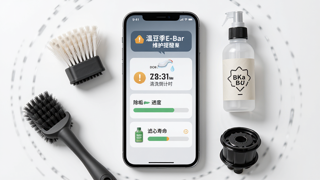 画面中央为一部手机显示温豆季E-Bar的维护提醒界面,界面上有清洗倒计时、除垢进度条和滤芯寿命指示,手机周围环绕着清洁刷、除垢剂瓶和咖啡机滤芯等维护工具,布局采用环形构图,风格为干净整洁的写实风格,细节上突出提醒图标和进度条质感,画质为4K高清,干净无多余元素。