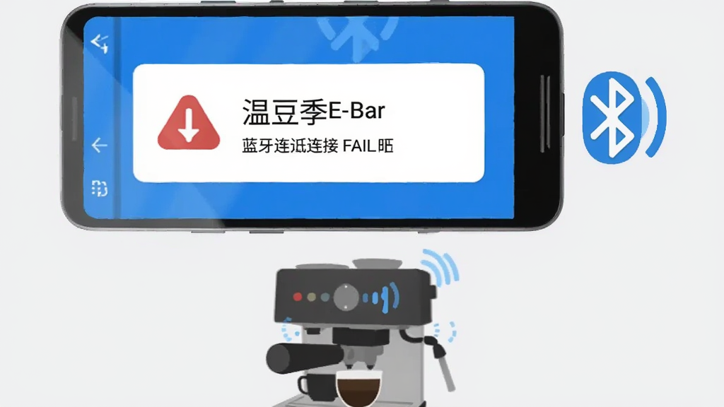 画面主体为一部安卓手机显示温豆季E-Bar的蓝牙连接失败提示界面,手机旁边放置一台咖啡机和蓝牙图标,背景为浅灰色,布局采用上下结构,上方为手机屏幕特写,下方为咖啡机轮廓,风格为扁平化插画,细节上突出错误提示图标和蓝牙信号波纹,画质为高清,干净无多余元素。