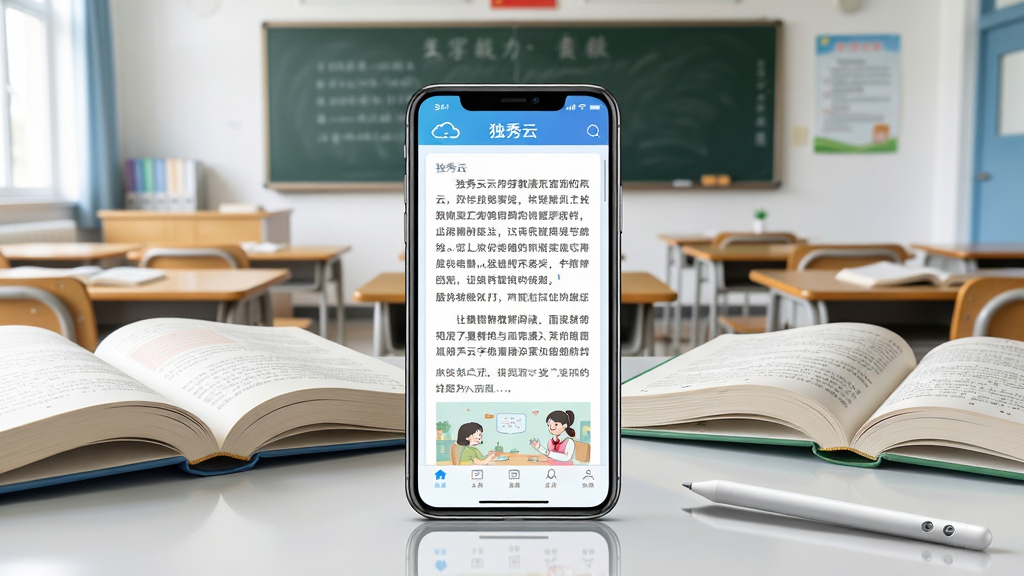 一张展示数字教育场景的图片,画面中央放置一部智能手机,手机屏幕上显示“独秀云”软件的数字教材阅读界面,界面中有清晰的文字段落与插图,手机周围环绕着几本翻开的纸质书籍与一支触控笔,背景为明亮的教室环境,有黑板与课桌,整体布局采用中心构图,风格为写实教育科技风,细节包括屏幕反光、书本页码、笔尖阴影,画质清晰,干净,无多余元素