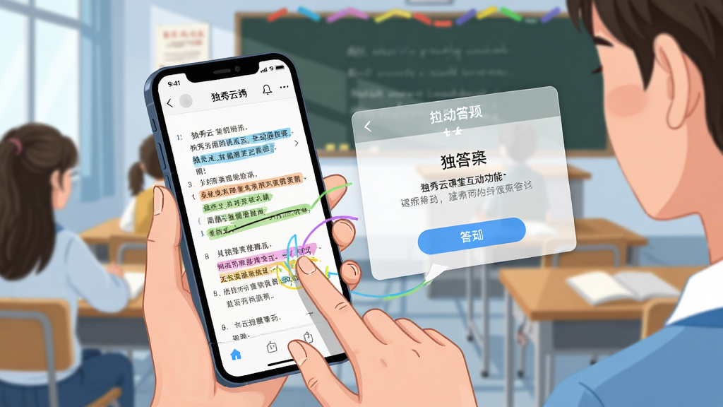 一张展示“独秀云”课堂互动功能的图片,画面中一名学生手持手机,手机屏幕上显示教材页面与彩色高亮标注,旁边浮现半透明的互动答题弹窗,背景为教室课桌与黑板,布局采用前景特写,风格为现代教育插画风,细节包括手指触控动作、标注线条颜色、弹窗按钮,画质清晰,干净,无多余元素