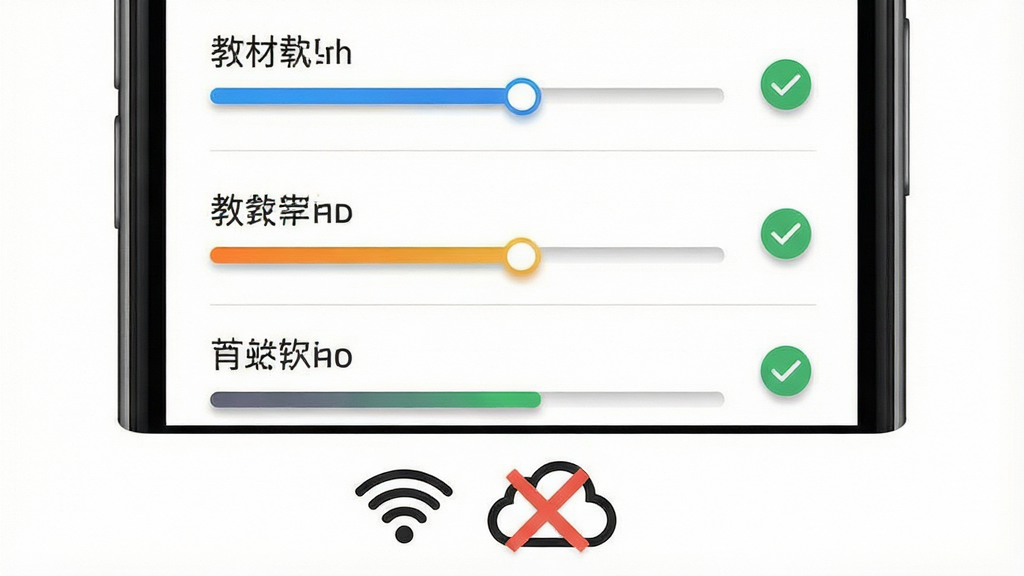 一张展示“独秀云”离线下载功能的图片,画面主体为手机屏幕,屏幕上显示下载管理界面,列表中有多个教材章节带有下载进度条与已完成对勾图标,手机下方有WiFi信号图标与一个打叉的云朵表示离线状态,布局采用居中特写,风格为简洁工具风,细节包括进度条颜色、图标阴影、列表分隔线,画质清晰,干净,无多余元素