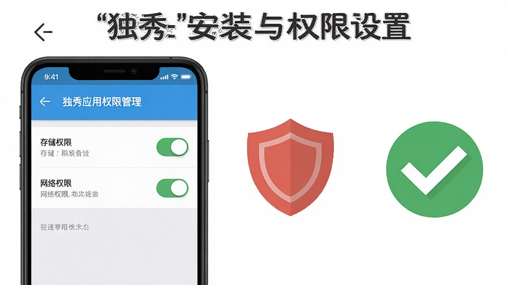 一张展示“独秀云”安装与权限设置的图片,画面主体为手机屏幕,屏幕上显示应用权限管理界面,其中有存储权限与网络权限的开关按钮,屏幕旁边有一个红色盾牌图标与绿色对勾图标,布局采用左侧手机右侧图标,风格为扁平化指南风,细节包括权限文字说明、开关状态、图标颜色,画质清晰,干净,无多余元素