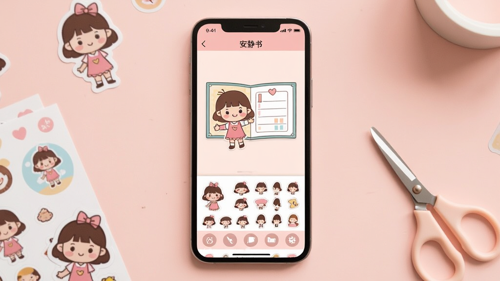 一张展示沉浸安静书DIY手机应用界面的图片,画面中央是一部竖屏智能手机,屏幕内显示安静书制作页面,有卡通女孩角色和多种贴纸素材整齐排列在下方工具栏,背景是温暖柔和的浅粉色桌面,桌面上散落着几张贴纸和一把小剪刀作为装饰,风格清新可爱,细节丰富,画质清晰,干净整洁,无多余元素