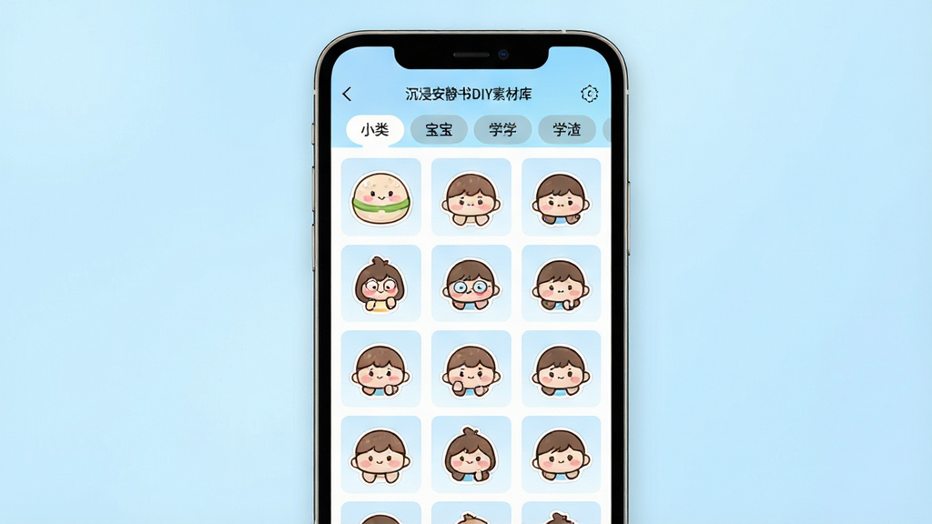 一张展示沉浸安静书DIY素材库界面的图片,画面主体是手机屏幕内呈现网格状排列的贴纸缩略图,包含小麻薯、宝宝、学渣等卡通形象,分类标签栏清晰可见,背景为淡蓝色渐变,整体布局整齐有序,风格活泼明快,画质清晰,干净无多余元素