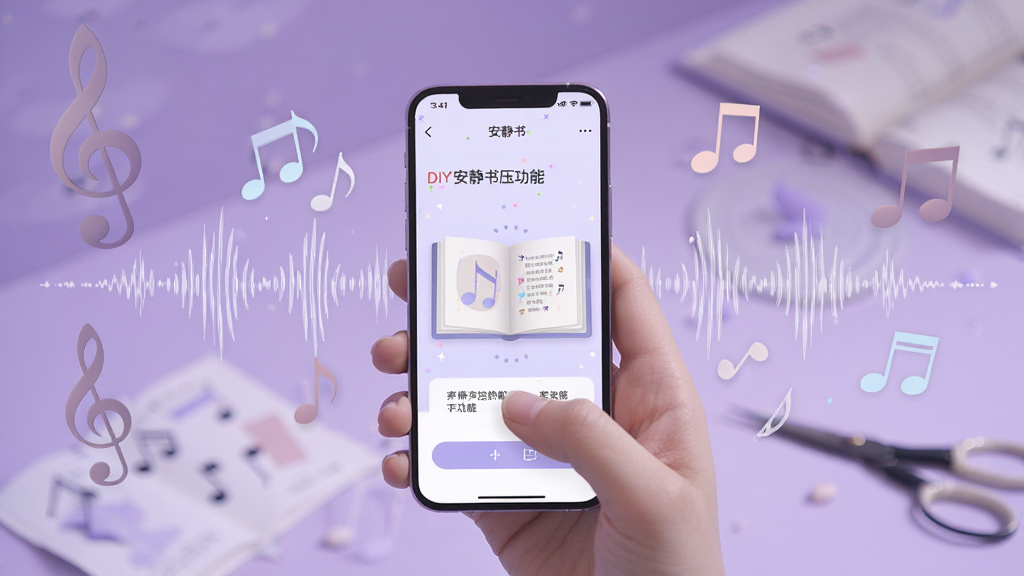 一张展示沉浸安静书DIY声控解压功能的图片,画面中手机屏幕显示安静书制作界面,周围环绕着音符和声波纹理的视觉元素,背景是柔和的紫色调,突出声音与互动的主题,风格梦幻安静,画质清晰,干净无多余元素