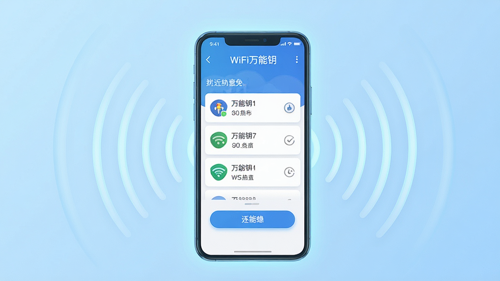 一张展示WiFi万能钥免软件核心功能的场景图,画面中央是一部智能手机,手机屏幕上清晰显示着WiFi万能钥免的应用界面,界面中包含附近热点列表和醒目的连接按钮,手机周围环绕着代表无线信号的同心圆弧线条,背景是简洁的浅蓝色渐变,风格为扁平化科技插画,细节上手机屏幕有微微的发光效果,画质清晰明亮,干净无多余元素,图片中不出现任何文字