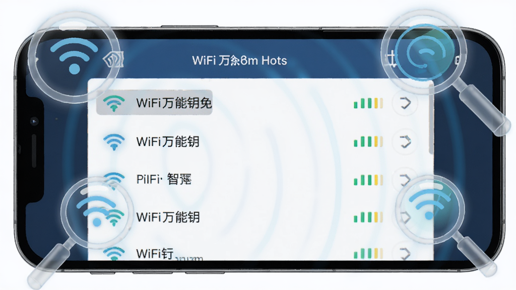 一张展示WiFi万能钥免智能扫描功能的AI生图,画面主体为一部横屏放置的智能手机,手机屏幕上显示着WiFi万能钥免的热点列表界面,列表中有多个WiFi名称和信号强度图标,手机旁边漂浮着几个半透明的放大镜和雷达波纹图形,象征扫描探测功能,布局采用中心构图,风格为现代扁平化科技风,细节上信号图标有微弱的蓝色光晕,画质高清,干净无多余元素,图片中不出现任何文字