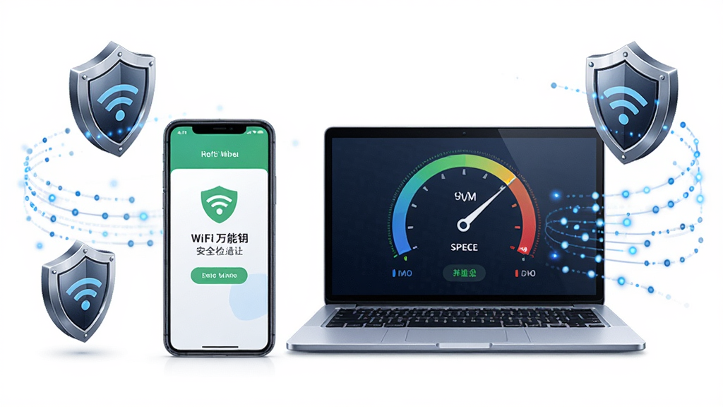 一张展示WiFi万能钥免网络安全检测与测速功能的AI生图,画面主体为一部手机和一台笔记本电脑并排摆放,手机屏幕上显示WiFi万能钥免的安全检测通过界面,笔记本电脑屏幕上显示网络测速仪表盘,周围有盾牌图标和数据流线条环绕,布局为左右对称,风格为简约科技插画,细节上盾牌有金属质感,数据流为蓝色光点,画质清晰,干净无多余元素,图片中不出现任何文字