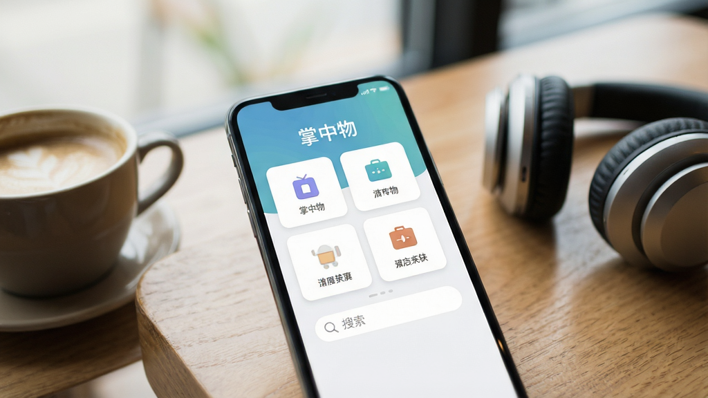 一张展示智能手机屏幕的图片,屏幕中央显示“掌中物”应用的主界面,界面采用简洁的卡片式布局,包含几个功能图标和搜索栏,手机放置在木质桌面上,旁边有一杯咖啡和一副耳机,背景虚化处理,光线柔和自然,整体风格清新现代,画质清晰,干净无多余元素