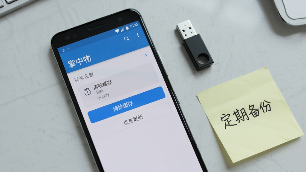 一部安卓手机屏幕上显示“掌中物”应用的设置界面,界面中高亮显示“清除缓存”和“检查更新”两个按钮,手机旁边放着一个小巧的U盘和一张便签纸,便签上写着“定期备份”,背景为浅灰色桌面,风格生活化,画质清晰,干净整洁