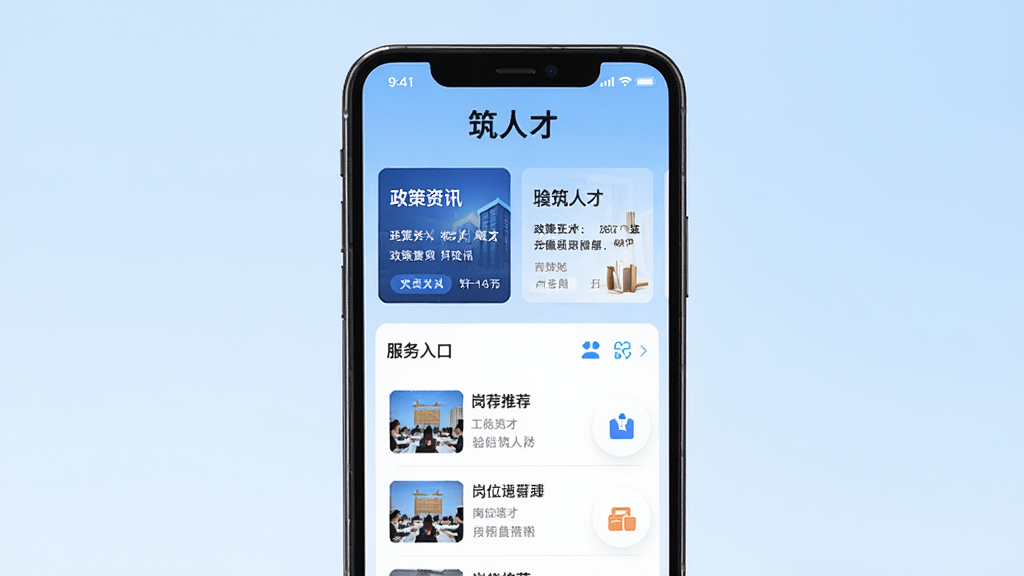 手机屏幕中显示“筑人才”App首页界面,顶部有“筑人才”文字标识,页面包含政策资讯卡片、岗位推荐列表、服务入口图标,背景为浅蓝色渐变,整体布局清晰,风格简洁商务,画面干净,高清画质,无多余元素