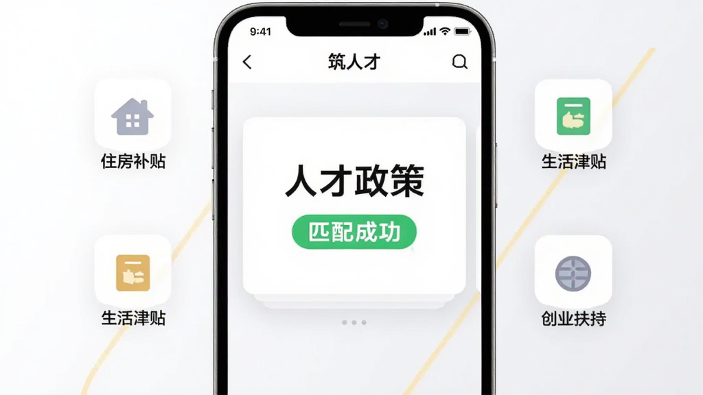 一款名为“筑人才”的手机应用界面,画面中央显示政策匹配结果卡片,卡片上有“人才政策”“匹配成功”等文字,周围环绕着住房补贴、生活津贴、创业扶持等图标,背景为白色与浅灰色搭配,风格简约现代,画质清晰,干净无多余元素