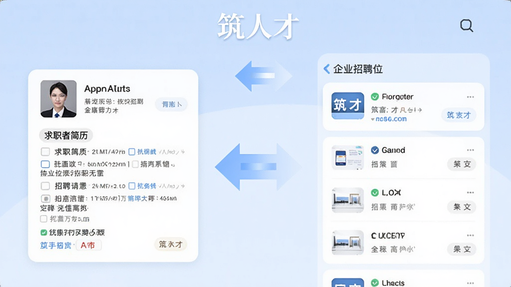 “筑人才”App招聘页面截图风格,左侧显示求职者简历卡片,右侧显示企业招聘岗位列表,中间有双向箭头连接,页面顶部有“筑人才”文字,背景为淡蓝色,布局对称,风格商务简洁,画质高清,无杂乱元素