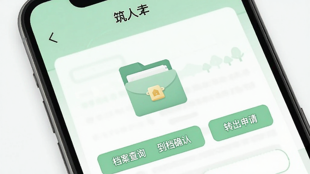 手机界面展示“筑人才”App档案服务页面,中央有档案袋图标,旁边显示“档案查询”“到档确认”“转出申请”按钮,背景为浅绿色与白色,风格清新简洁,画质清晰,干净无多余元素