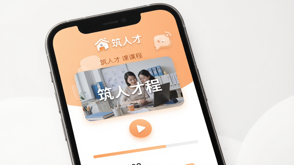 “筑人才”App培训页面,画面中有在线课程封面、播放按钮、学习进度条,顶部有“筑人才”标识,背景为浅橙色与白色,风格柔和友好,画质高清,布局整洁,无多余元素