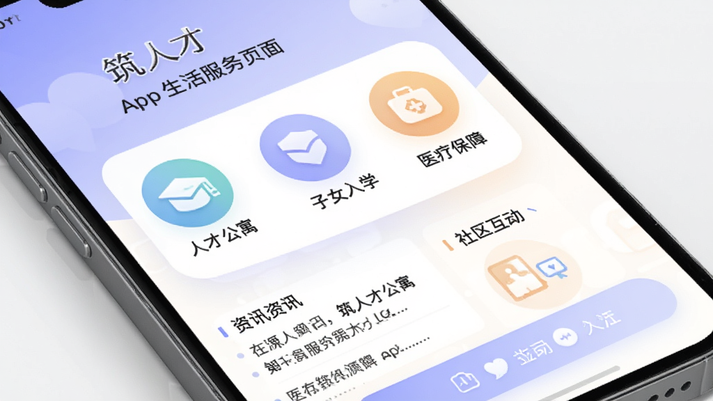 “筑人才”App生活服务页面,展示人才公寓、子女入学、医疗保障等图标,底部有资讯列表和社区互动入口,背景为浅紫色与白色,风格温馨现代,画质清晰,布局合理,无杂乱元素