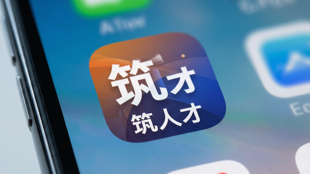 “筑人才”App在手机桌面上的图标特写,图标下方显示“筑人才”文字,背景为模糊的桌面壁纸,图标清晰,风格简洁,画质高清,无多余元素