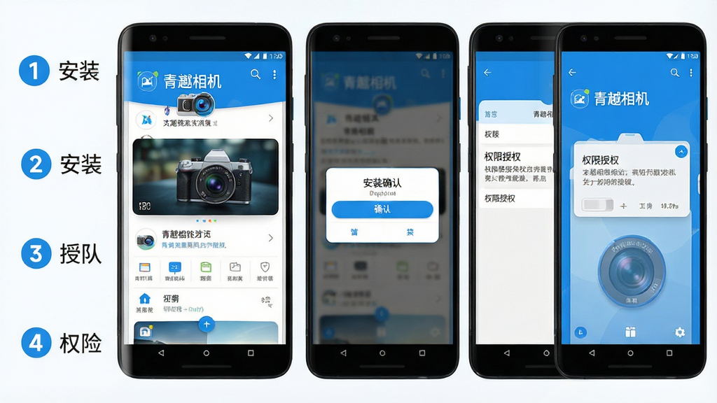 一张信息图风格的手机屏幕截图集合,展示青樾相机在安卓手机上的安装步骤和权限设置界面,包括下载页面、安装确认弹窗、权限授权界面和主界面。左侧有步骤编号和简短文字说明,右侧为对应的手机界面截图。风格简洁明快,以蓝色和白色为主色调,布局清晰,画质高清,干净无多余元素,图片中有
