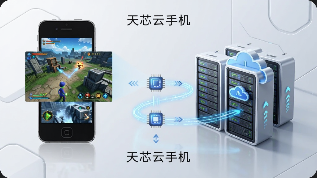 画面左侧为一部普通旧款手机,右侧为云端服务器集群,中间以发光数据线连接,旧款手机屏幕投射出流畅运行的高画质游戏画面,背景为浅灰色科技风格,布局左右对称,细节包含云端芯片图标与数据传输箭头,画质高清干净,画面中标注文字