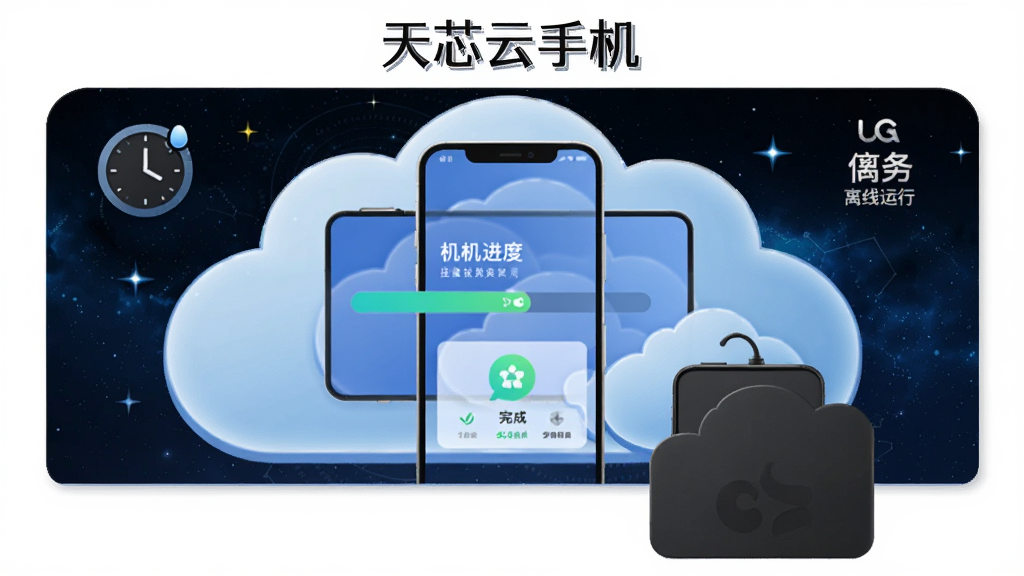 画面展示一台云手机在云端服务器中持续运行,屏幕显示挂机进度条与任务完成图标,本地设备处于关闭状态,背景为深色星空科技风格,布局以上下结构呈现,细节包含时钟图标与离线运行标识,画质高清干净,无多余元素,画面中标注文字