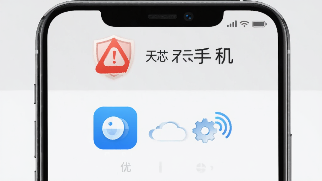 画面展示一部手机屏幕中出现红色警示图标与蓝色优化图标并列排列,背景为浅灰色简洁风格,布局以上下分层结构呈现,细节包含盾牌、齿轮与网络信号图标,画质清晰干净,画面中标注文字