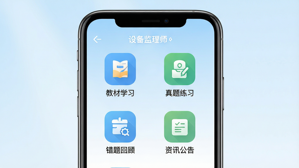 设备监理师软件主界面预览,画面中央显示手机屏幕,屏幕内展示设备监理师APP的首页布局,包含教材学习、真题练习、错题回顾、资讯公告四个功能入口图标,图标下方配有中文标签,背景为浅蓝色渐变,整体风格简洁清新,布局居中对称,细节清晰,画质高清,干净无多余元素